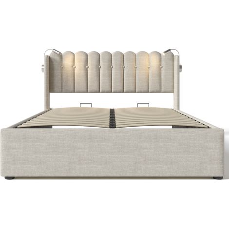 Gepolstertes Doppelbett 160x200 aus Naturleinen mit Leselicht und USB (1/5)