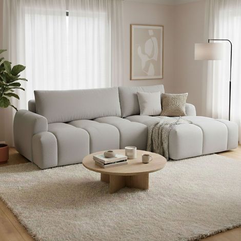 Canapé d'angle convertible à droite en tissu texturé gris – Dimensions 270x123/173cm – Structure polywood – Zone de couchage 221x169cm