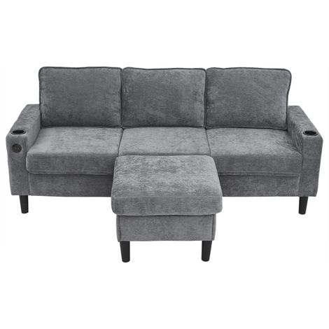 Canapé rembourré avec ports USB et Type-C, canapé 3 places avec deux porte-gobelets pour salon, appartement, lounge et chambre – canapé-lit en L, gris, lin (1/5)
