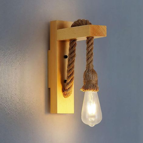 Aplique De Pared Industrial MINKUROW, Cuerda De Cáñamo De Madera, Lámpara De Pared Vintage E27, Luces De Pared Retro Para Dormitorio, Balcón, Pasillo, Cocina, Escalera (Bombilla No Incluida) (1/5)