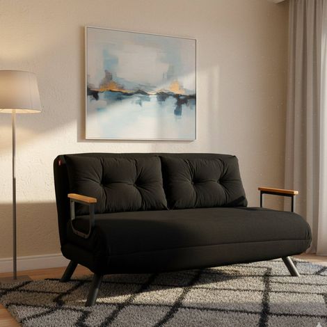 Divano Letto 2 Posti Calvin, Contenitore, Reclinabile, Braccioli, 133x78 cm Nero (1/5)