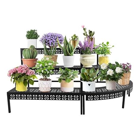 Escalier à fleurs en métal à 3 niveaux, étagère à fleurs, étagère à plantes pour jardin, balcon, intérieur et extérieur, étagère à fleurs multifonctionnelle avec grande capacité, rond, noir (1/5)