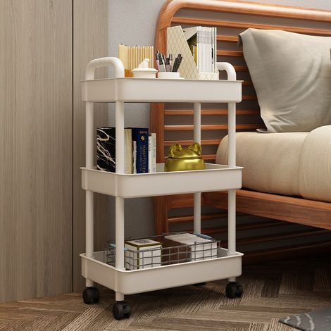 Chariot de rangement mobile à 3 niveaux (blanc) — Un chariot de rangement polyvalent adapté à la cuisine, à la chambre ou à la salle de bain idéal pour ranger des en-cas et bien plus encore. (1/2)