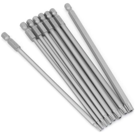 Set of 8 long Torx bits 150 mm - S2 alloy steel - Magnetic - 1/4' hex shank - For screwdriving in tight spaces (1/5)