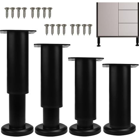 Juego de 4 pies regulables en altura para muebles, metal, negro, regulables 12-18 cm, pies regulables en altura para camas, pies para mesillas de noche (1/5)