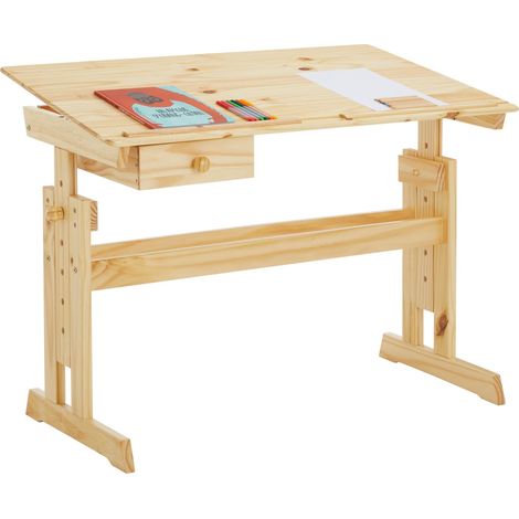Idimex – Bureau enfant réglable en hauteur 66-100 cm – Plateau inclinable 0-37° – Pin massif vernis naturel – Tiroir de rangement amovible (1/5)