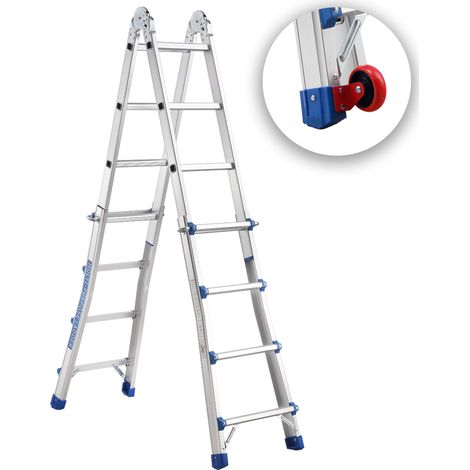STANEW Scala in alluminio Scala Multiuso 4 m 4x4 Pioli Scala Telescopica con ruote Multifunzionale Pieghevole Singola Fissa Scala scorrevole Scaletta e Bifacciale, Argento (1/5)