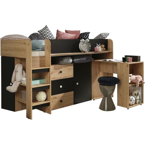 Litera Hartford 359, Roble Artisan + Negro, Individuales, 90x200, Aglomerado laminado, Somieres, 199x204x125cm