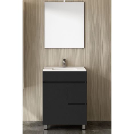 Set da bagno Isquia 2 cassetti e due ante - 7 colori diversi - 15 misure - Include mobile, lavabo e specchio - Grafite 50x40Cm (1/3)