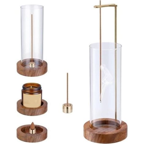 Incense Holder, Incense Burner, Flying Incense Burner with Glass, Non-Slip Wooden Tray and Incense Stick Holder (1/4)