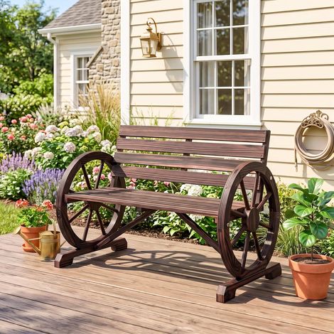 Banc de jardin 3 places en bois carbonisé, style rustique chic, accoudoirs intégrés et roulettes, assise confortable pour terrasse ou extérieur. (1/5)