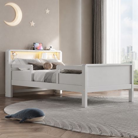 Cama infantil (212x96x80 cm), con LED y toma de carga USB y USB-C, cabecero con estante, madera, blanco (1/5)