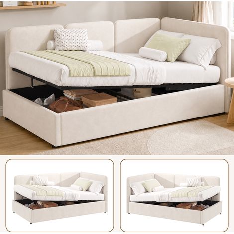 Lit banquette,Canapé-lit 90x200 cm coffre hydraulique côté réversible sommier à lattes sans matelas Velours Beige (1/5)