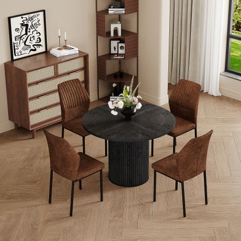 Ensemble table et chaises : table de salle à manger ronde noire en MDF de 100 cm de diamètre, pieds cylindriques et système de fixation Velcro, et 4 chaises de salle à manger marron avec dossiers à ra (1/5)