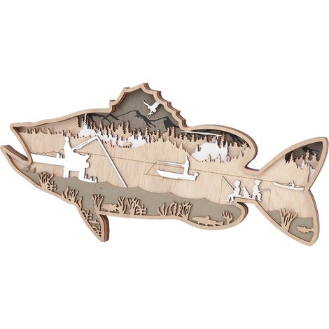 Figurine de poisson creux en bois de buis multicouche, poisson décoratif creux en bois rayé pour la maison, le bureau ou la cantine, saumon (1/5)