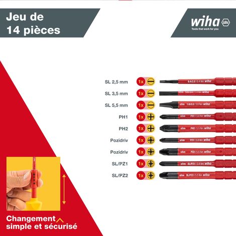 Wiha Jeu de tournevis dynamométriques TorqueVario®-S electric 0,8-5,0 Nm jeu mixte de 14 pcs à couple limité à réglage variable y compris une trousse repliable (40674)