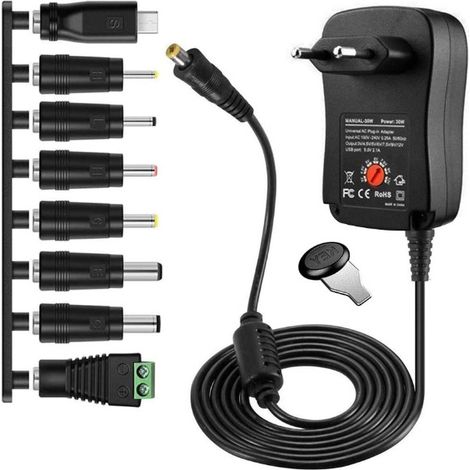 Adaptador de corriente universal AC/DC JSSEVN-41W de 3V, 4.5V, 5V, 6V, 7.5V, 9V y 12V, transformador de fuente de alimentación conmutada con 8 conectores DC. (1/5)