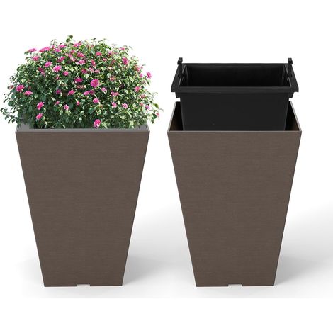 GOPLUS 2PCS Pot de Fleur Exterieur Carrés, Cache Pot Plante Interieur en Plastique Auto-Arrosant avec Trous de Drainage et Godet Amovible, Jardinière Décoratif pour Porche, Jardin (25x25x35cm)