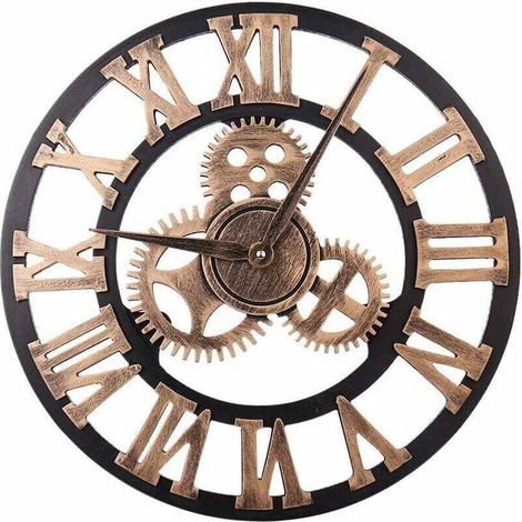 Grande horloge murale de style vintage, ronde, en métal, silencieuse, sans tic-tac, alimentée par piles, 45 cm, chiffres romains noirs, horloge de salon, chambre à coucher, décoration de cuisine dorée