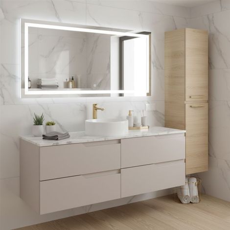 Meuble de salle de bain suspendu 160 cm, beige, plan de toilette, 4 tiroirs, façades en MDF, sans vasque – MODERN