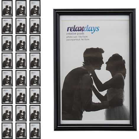 Relaxdays Picture Frame, Set of 24, 10x15 cm, Wood Look, Portrait & Landscape Format, Passepartout, Plastic, Black
