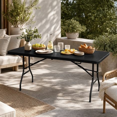 REDOM Mesa plegable 180x74x70 cm, portátil, para 8 personas, aspecto madera, estructura de metal, HDPE negro (1/5)
