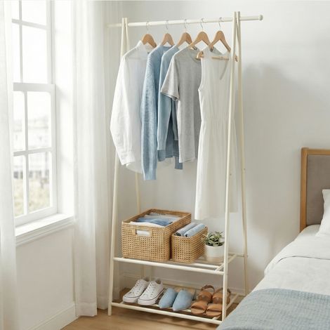 Portant à Vêtements, Vestiaire avec 2 Étagères, Portant en Métal, Gain de Place, pour la Chambre à Coucher ou l’Entrée, Blanc (1/5)