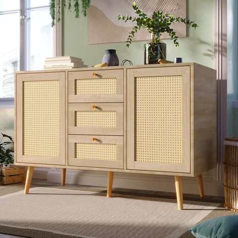 Credenza con 3 cassetti, 2 ante e ripiani regolabili, frontale in rattan e piedi in legno massello, mobile soggiorno, 120x82x40 cm con ante, rovere (1/5)