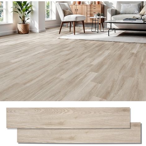Sol PVC adhésif 5 m², lames vinyle effet bois, 36 pièces, 2 mm, imperméable, cuisine salon couloir, beige clair chêne blanchi (1/5)