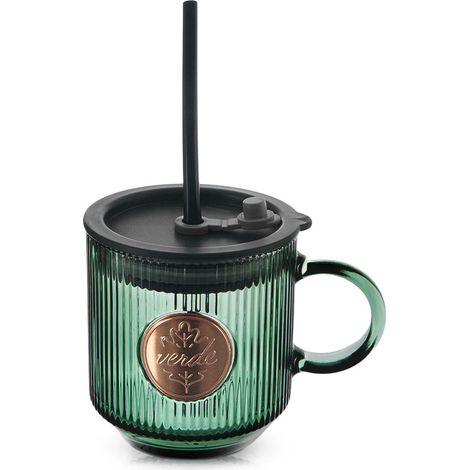 Green Glass Mug with Lid & Straw, 330 ml (1/5)