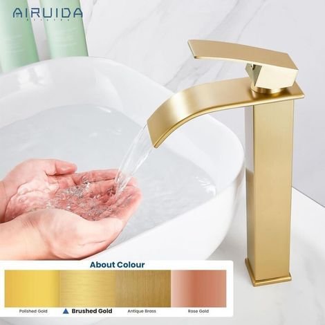 Grifo de lavabo de baño en cascada alto en oro cepillado, grifo de baño moderno con mango único, grifo de bar de estilo granja con un solo orificio, grifo de lavabo para montaje sobre encimera