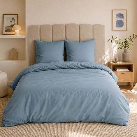 Parure de lit 220x240 cm Adulte - Housse de Couette 220x240 cm + 2 Taies d'oreiller 63x63 cm en percale de coton bleu uni – (1/5)