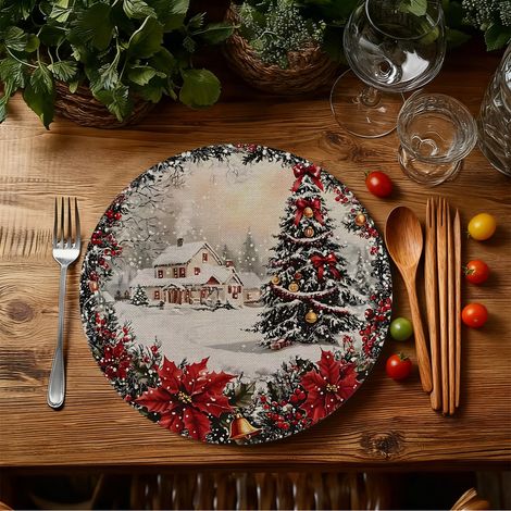 Sets de table de Noël style américain, dessous de plat antidérapants et isolants thermiques pour cuisines de restaurant, résistants aux taches et à l'usure, en stock - Lot de 6 pièces (vinyle) 36 x 36