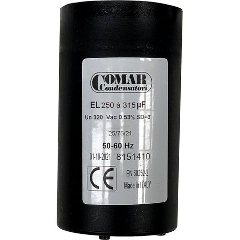 Condensateur de démarrage 250uF à 315uF 320V – Cosses FASTON – Fréquence 50/60Hz – Température -45°C à +65°C – Comar
