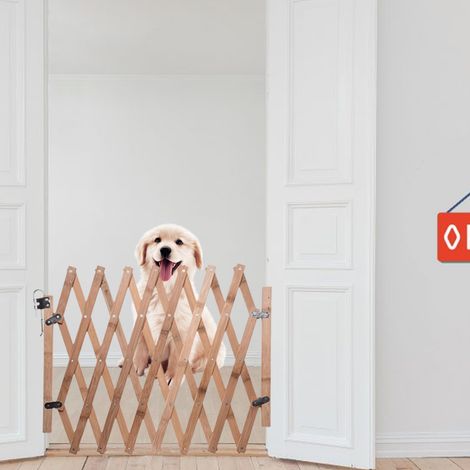 Puerta retráctil para mascotas – Puerta modular de madera (60–110 cm) para la seguridad de perros y otras mascotas en interiores. (1/5)