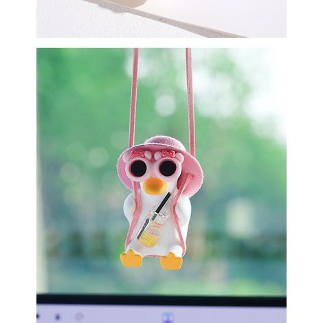 1 ciondolo per auto a forma di anatra rosa, carino, decorazione oscillante per specchietto retrovisore (rosa) anatra con cappello rosa e motivo pompelmo (1/4)
