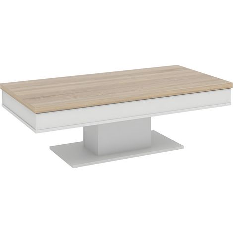 Vente-Unique – Table basse fixe avec rangements – Blanc – Plateau effet chêne – Dimensions 120x59x40.2 cm – Charge maximale 15 kg (1/4)