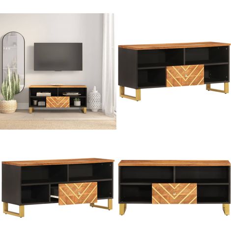 Meuble TV marron et noir 100x33,5x46 cm bois massif de manguier - Meubles Tv - Meuble Tv - Meuble Multimedia - Buffet Tv - Rangement Tv - Home & Living (1/5)