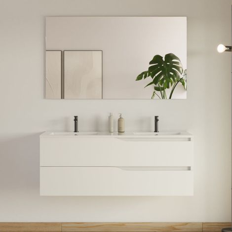 Meuble de salle de bain 120cm avec plan double vasque - 2 tiroirs - blanc - LUNA (1/5)