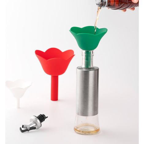 Lot de 3 entonnoirs de cuisine pliables en silicone en forme de fleur pour verser et distribuer facilement de l'huile liquide, design compact (1/5)