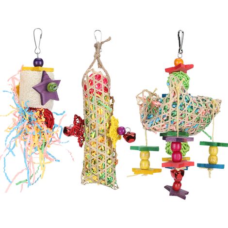 Lot de 3 jouets suspendus pour oiseaux en rotin et papier, avec crochet, pour perroquets (accessoires de mastication). (1/5)