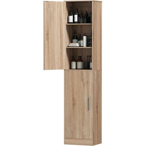 Meuble de Salle de Bain, Colonne Salle de Bain étroit avec 2 Portes et 4 étagères réglables, Meuble de Rangement pour Salon, Toilette, Petits espaces, 40 x 35 x 180 cm, Bois Naturel