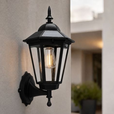 Applique murale solaire rétro avec détecteur de mouvement, étanche IP65, 3 modes d'éclairage, lampe à filament vintage pour extérieur jardin terrasse (1/4)
