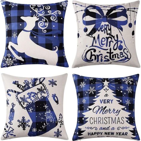 Lot de 4 housses de coussin décoratives en lin pour décoration de Noël, motif sapin de Noël, renne, décoration d'intérieur, ferme, chambre à coucher, 45,7 cm, bleu