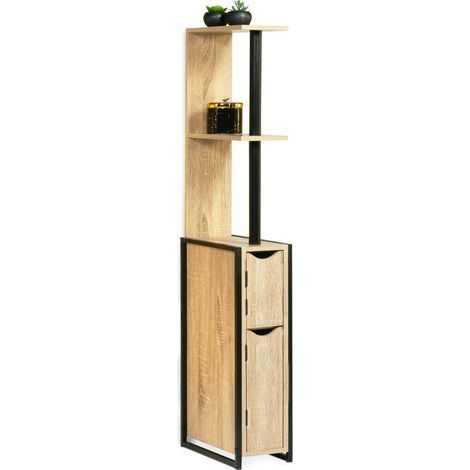 Facilitys – Meuble WC style industriel en bois et métal – Dimensions 119x30x18 cm – 2 placards et 3 étagères pour rangement optimisé