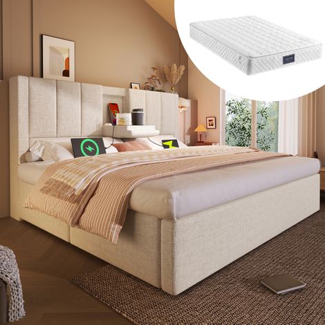 Cama tapizada 140x200 cm beige de lino con colchón, almacenaje hidráulico y estación de carga (1/5)
