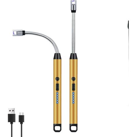 Lot de 2 briquets électriques coupe-vent sans flamme avec col flexible à 360° et affichage LED pour foyers de camping et barbecues, doré.