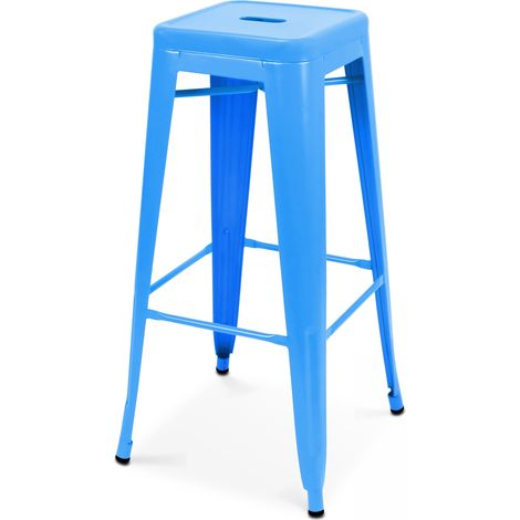 Oviala – Tabouret de bar en acier époxy bleu mat – Hauteur 76 cm – Résistant aux intempéries – Empilable avec patins antidérapants (1/7)