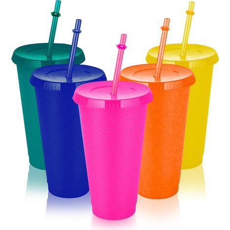 5 Pcs Tasse en Plastique Réutilisable Gobelet Verres, 700 ml Gobelet avec Paille et Couvercle Réutilisables en Plastique Coloré à Paillettes pour café glacé et smoothie (1/5)