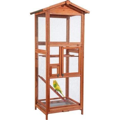 Wiltec Jaula para Pájaros de Madera, Pajarera 72x63x168 cm con Perchas y Bandeja de Excrementos, Voladera con Techo y 2 Puertas (1/5)